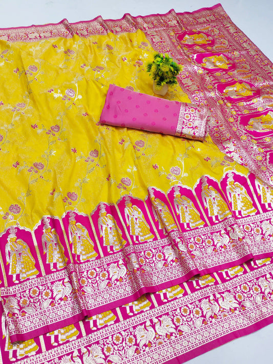 Yellow Banarasi Silk Saree with Contrast Rani Pink Maharaja Zari Border