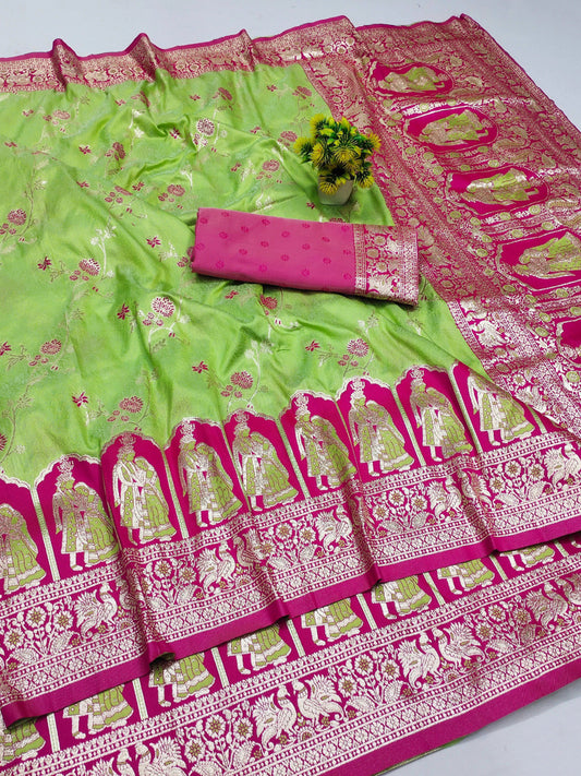 Parrot Green Banarasi Silk Saree with Contrast Rani Pink Maharaja Zari Border