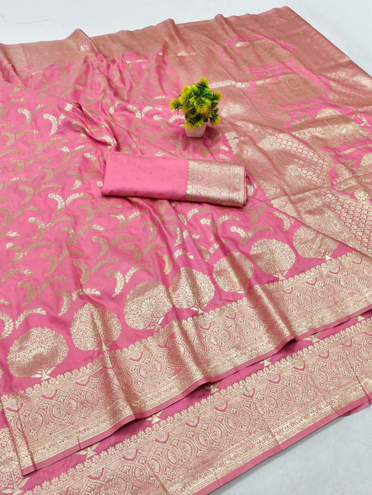 Pink Banarasi Silk Saree with Tree Motifs & Rich Zari Pallu