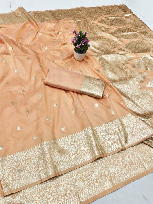 Parrot Green Banarasi Silk Saree with Gold Zari Floral Border & Rich Pallu