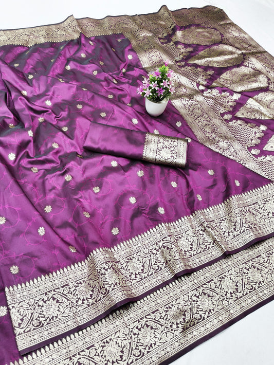 Purple Banarasi Silk Saree with Gold Zari Floral Border & Rich Pallu