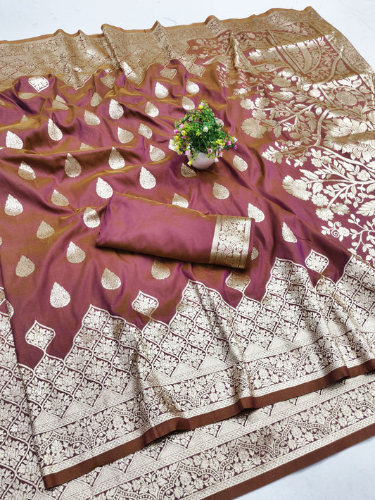 Rose Brown Banarasi Silk Saree with Rich Gold Zari Pallu