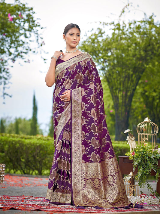 Wine Purple Banarasi Silk Saree with Designer Floral Jaal Pattern