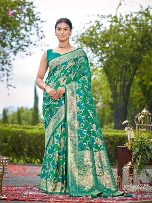 Aqua Green Banarasi Silk Saree with Designer Floral Jaal Pattern