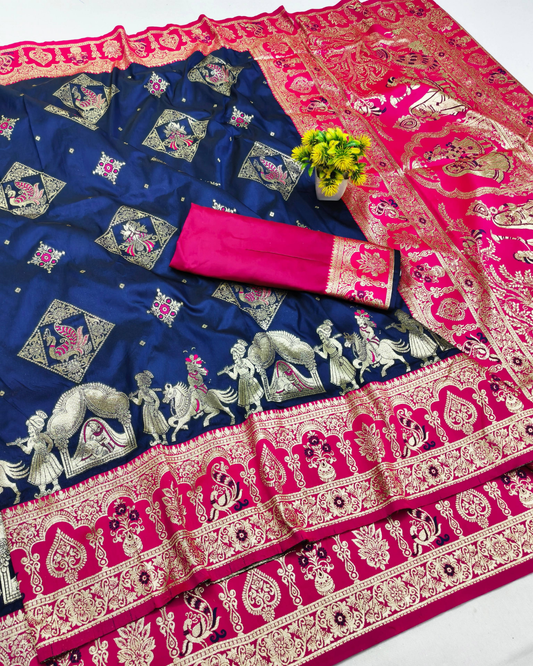Royal Blue Banarasi Silk Saree with Meenakari Border & Heavy Pallu