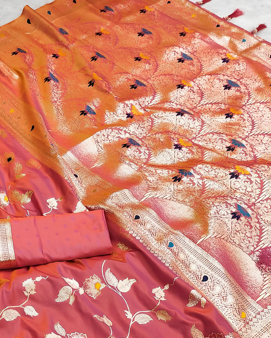 Coral Pink Silk Saree with Floral Zari Weaving