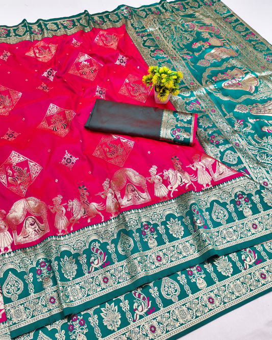 Rani Pink Banarasi Silk Saree with Meenakari Border & Heavy Pallu