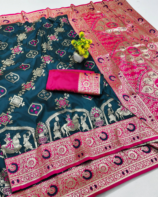 Teal Blue Banarasi Silk Saree with Contrast Pink Border & Designer Pallu