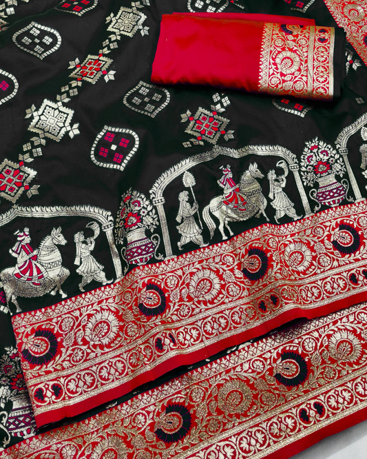 Black Banarasi Silk Saree with Contrast Red Border & Designer Pallu