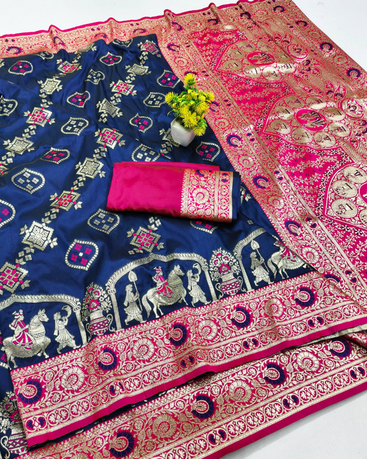 Royal Blue Banarasi Silk Saree with Contrast Rani Pink Border & Designer Pallu