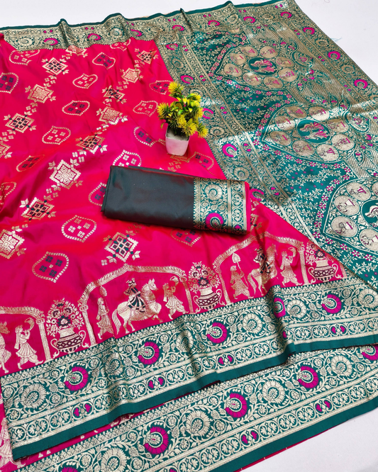 Rani Pink Banarasi Silk Saree with Contrast Teal Green Border & Designer Pallu