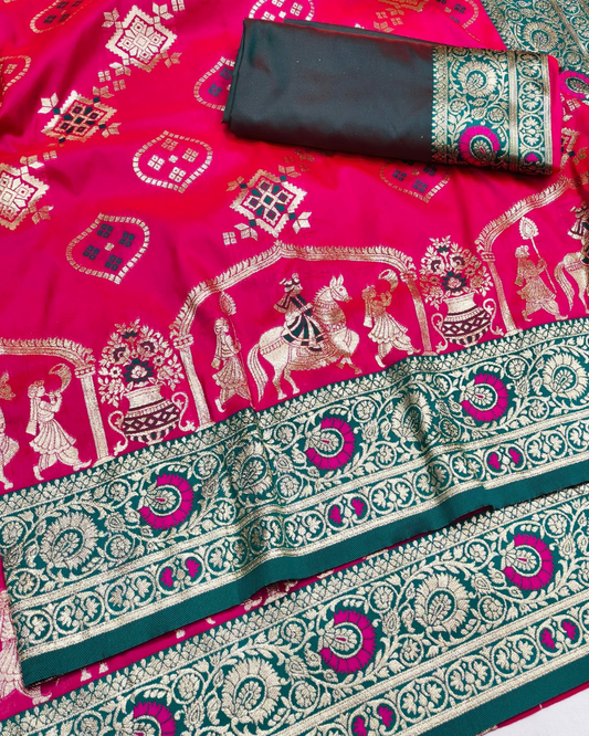 Rani Pink Banarasi Silk Saree with Contrast Teal Green Border & Designer Pallu