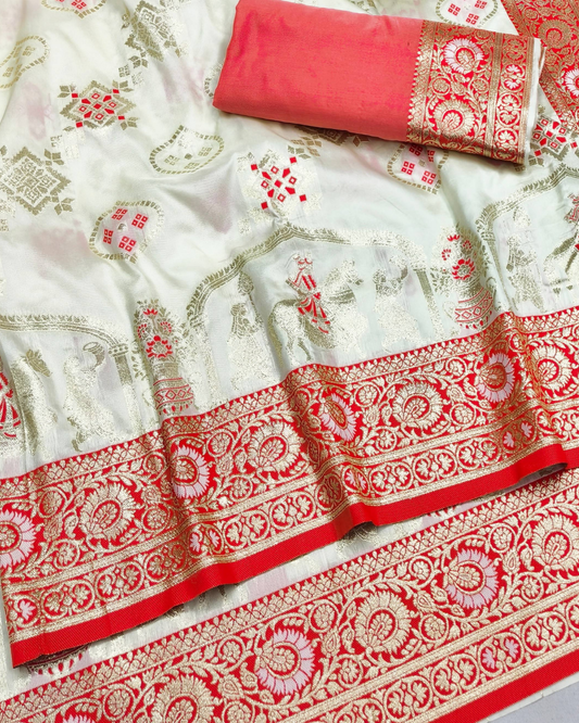 Cream Banarasi Silk Saree with Contrast Red Border & Designer Pallu