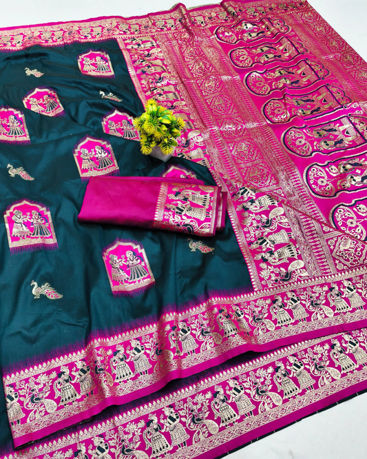 Bottle Green Banarasi Silk Saree with Contrast Rani Pink Border & Designer Pallu