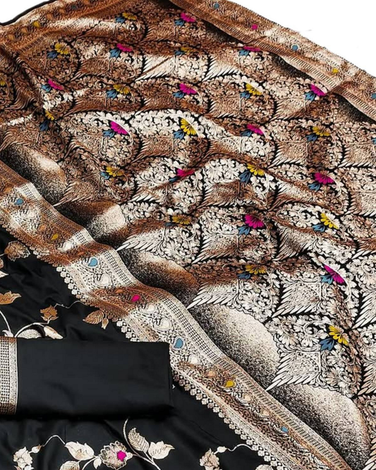 Midnight Black Silk Saree with Floral Zari Weaving