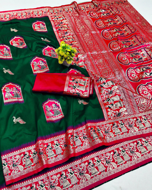 Dark Green Banarasi Silk Saree with Contrast Red Border & Designer Pallu