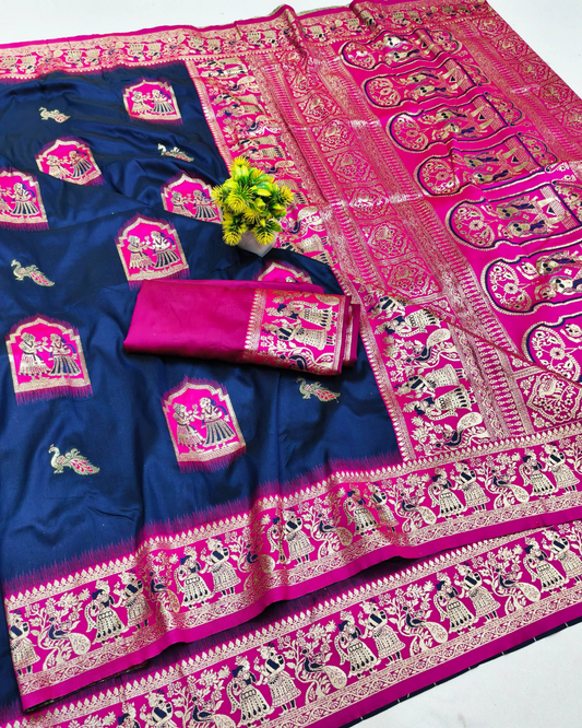 Navy Blue Banarasi Silk Saree with Contrast Rani Pink Border & Designer Pallu