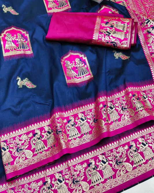 Navy Blue Banarasi Silk Saree with Contrast Rani Pink Border & Designer Pallu