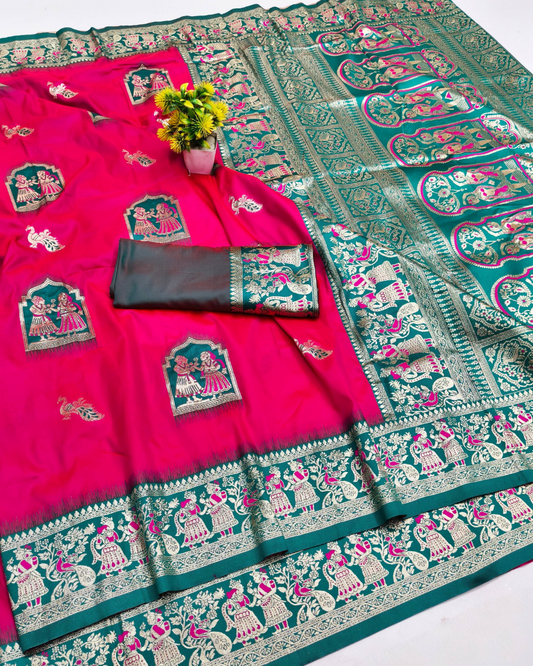 Rani Pink Banarasi Silk Saree with Contrast Teal Green Border & Designer Pallu