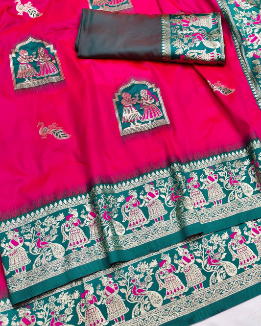 Rani Pink Banarasi Silk Saree with Contrast Teal Green Border & Designer Pallu