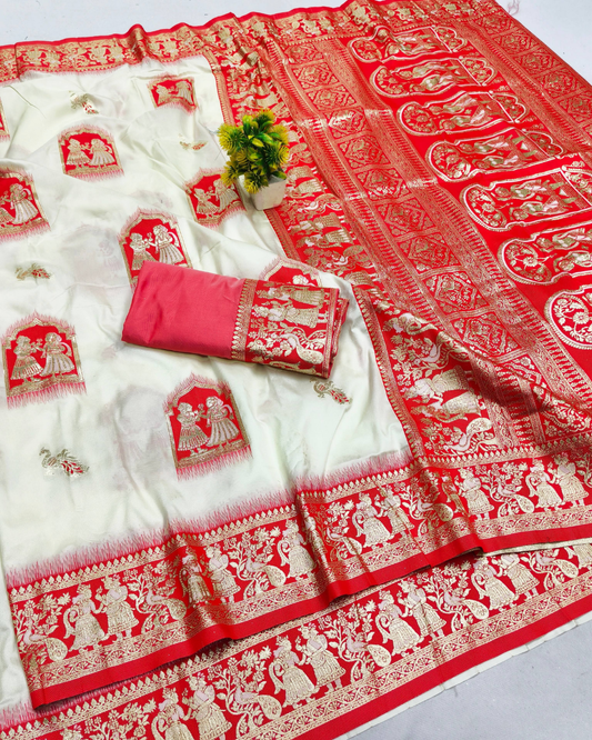 Cream Banarasi Silk Saree with Contrast Red Border & Designer Pallu
