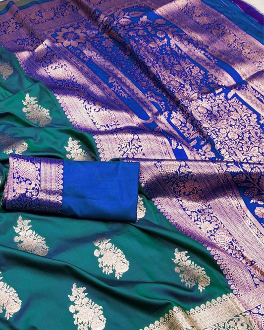 Teal Green Banarasi Silk Saree with Royal Blue Designer Pallu