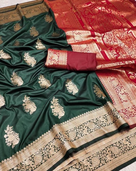 Dark Bottle Green Banarasi Silk Saree with Maroon Designer Pallu