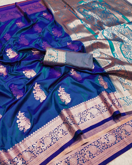 Royal Blue Banarasi Silk Saree with Aqua Blue Designer Pallu