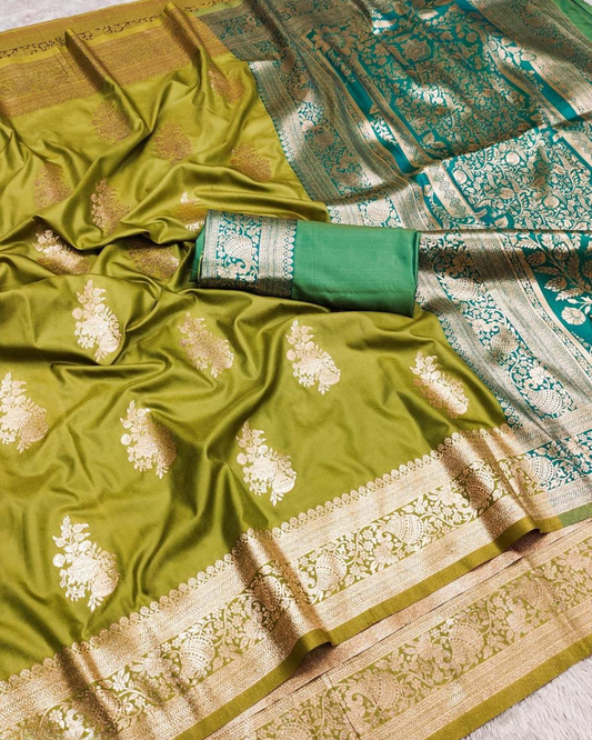 Olive Green Banarasi Silk Saree with Aqua Green Designer Pallu
