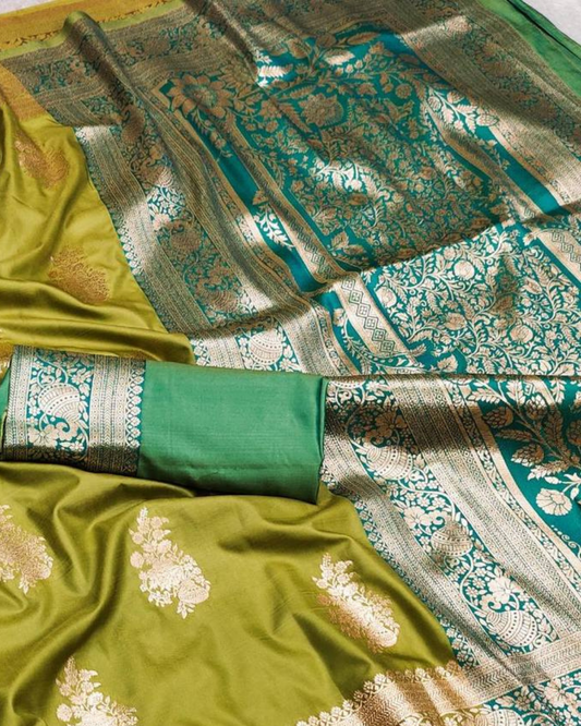 Olive Green Banarasi Silk Saree with Aqua Green Designer Pallu
