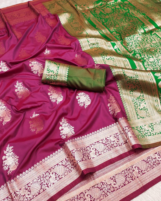 Magenta Banarasi Silk Saree with Emerald Green Designer Pallu