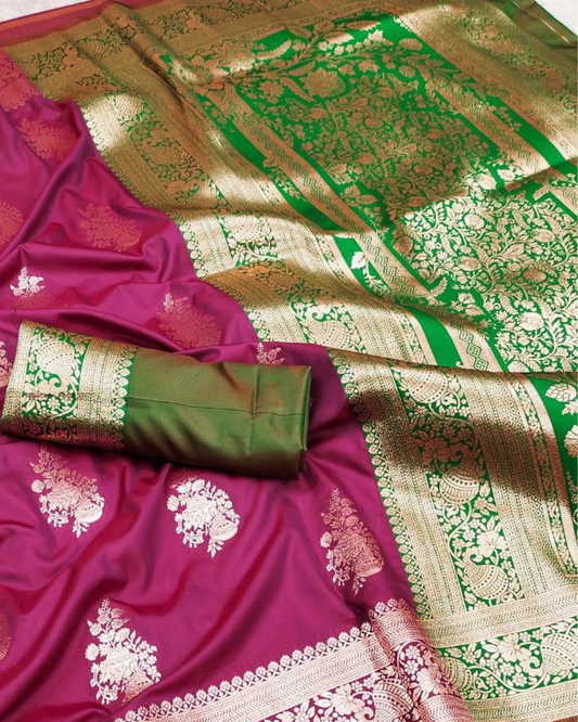 Magenta Banarasi Silk Saree with Emerald Green Designer Pallu