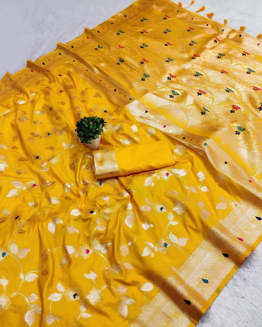 Mustard Yellow Silk Saree with Floral Zari Weaving