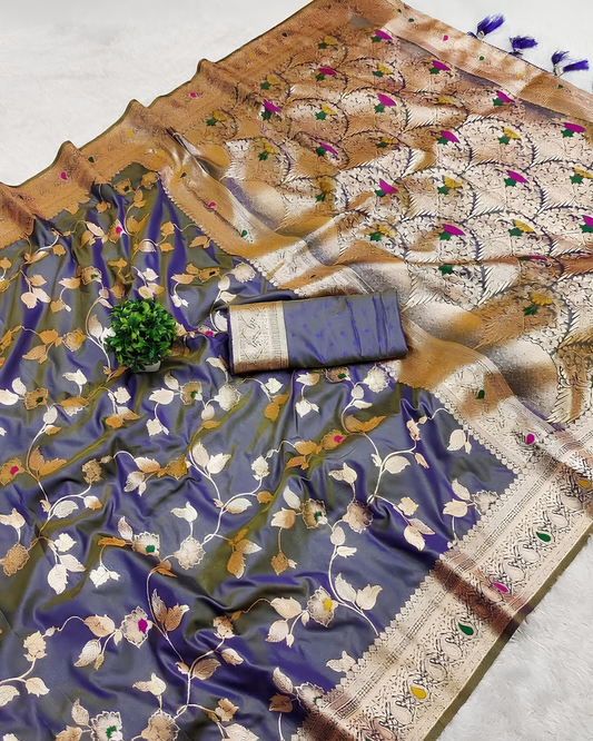 Steel Blue Silk Saree with Floral Zari Weaving (Dual Tone)