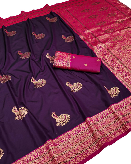 Deep Purple Banarasi Silk Saree with Peacock Zari Motifs