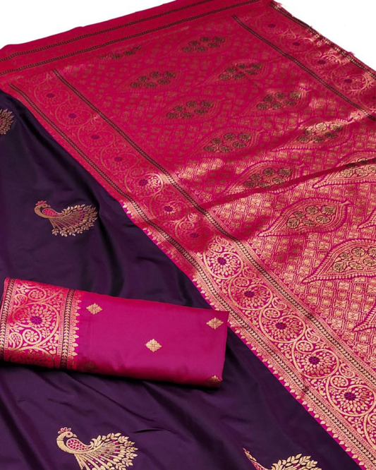 Deep Purple Banarasi Silk Saree with Peacock Zari Motifs