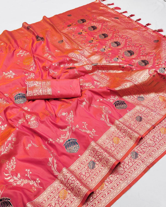 Coral Pink Floral Zari Banarasi Silk Saree