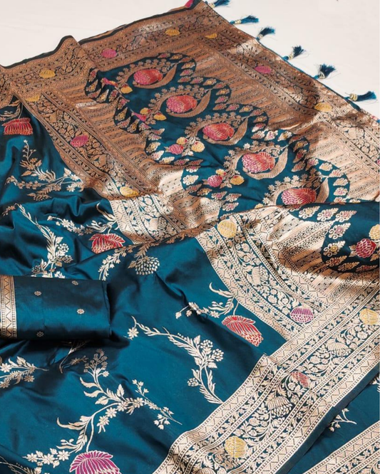 Teal Blue Floral Zari Banarasi Silk Saree