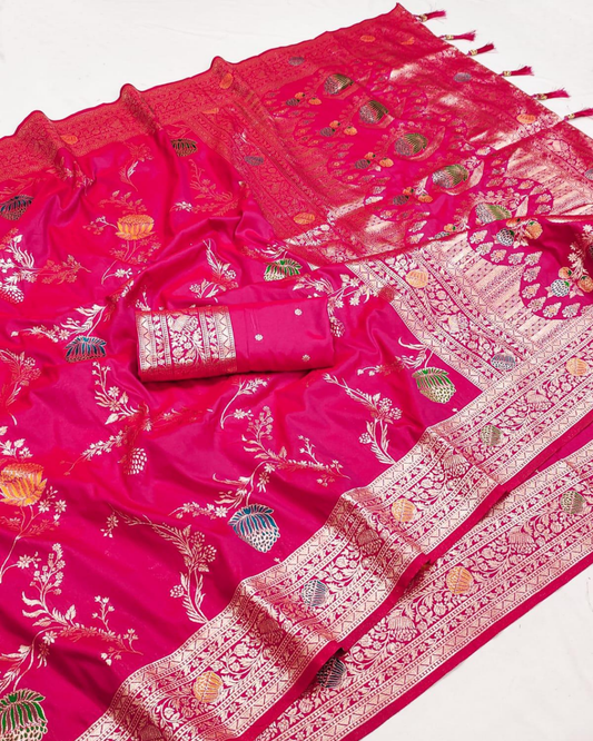 Rani Pink Banarasi Silk Saree with Floral Zari Weaving