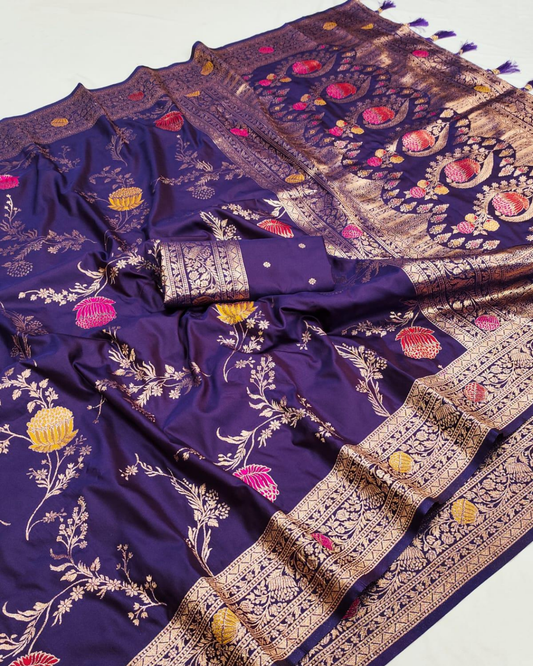 Deep Purple Banarasi Silk Saree with Floral Zari Weaving