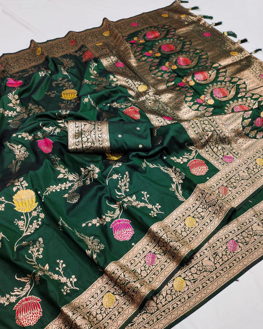 Bottle Green Banarasi Silk Saree with Floral Zari Weaving
