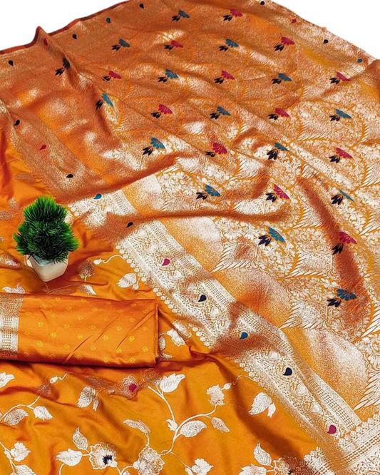 Mustard Orange Silk Saree with Floral Zari Weaving