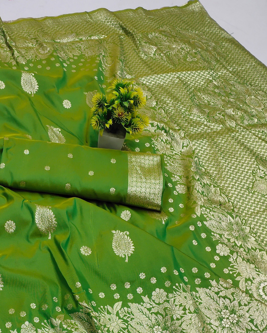 Dual Tone Green Banarasi Silk Saree with Silver Zari Floral Weaving