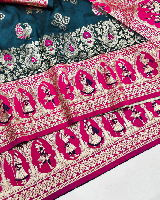 Teal Blue Banarasi Silk Saree with Royal Human Figure Border & Meenakari Peacock Motifs