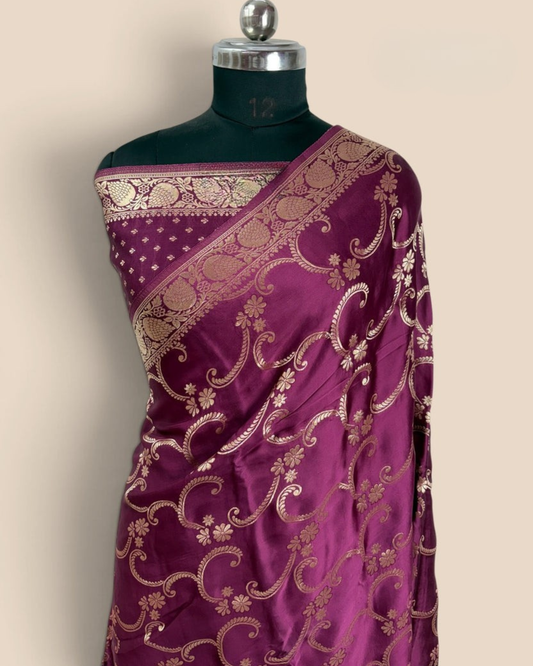 Wine Premium Satin Silk Jangla Floral Banarasi Saree