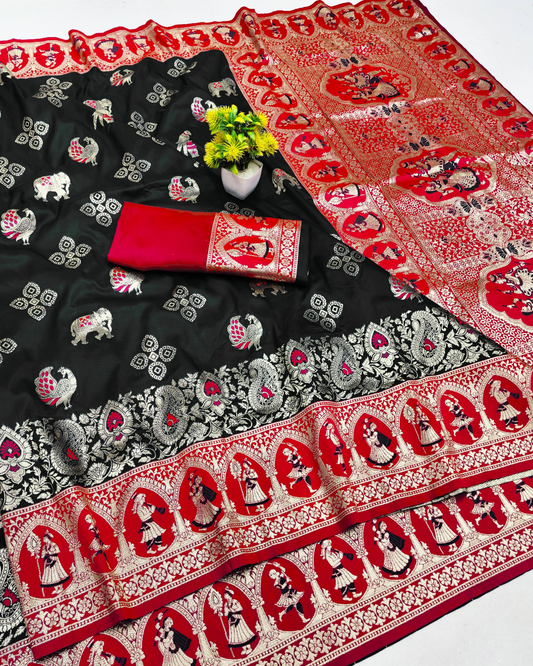 Black Banarasi Silk Saree with Royal Human Figure Border & Meenakari Peacock Motifs