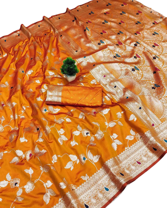 Mustard Orange Silk Saree with Floral Zari Weaving