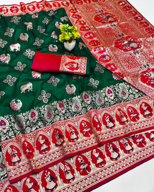 Emerald Green Banarasi Silk Saree with Royal Human Figure Border & Meenakari Peacock Motifs