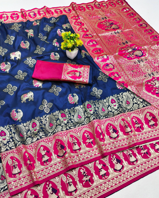 Navy Blue Banarasi Silk Saree with Royal Human Figure Border & Meenakari peacock Motifs