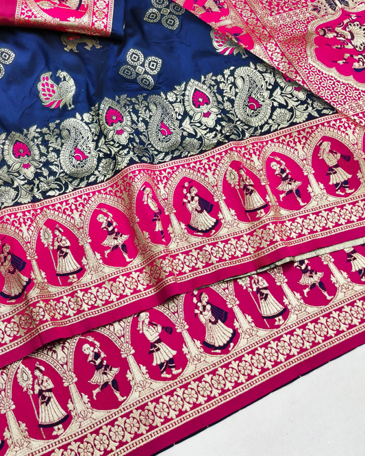 Navy Blue Banarasi Silk Saree with Royal Human Figure Border & Meenakari peacock Motifs